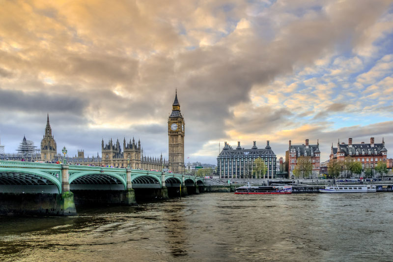 Panoramablick über die Themse auf Westminster mit dem Turm des Big Ben, der Westminster Bridge und der Uferpromenade